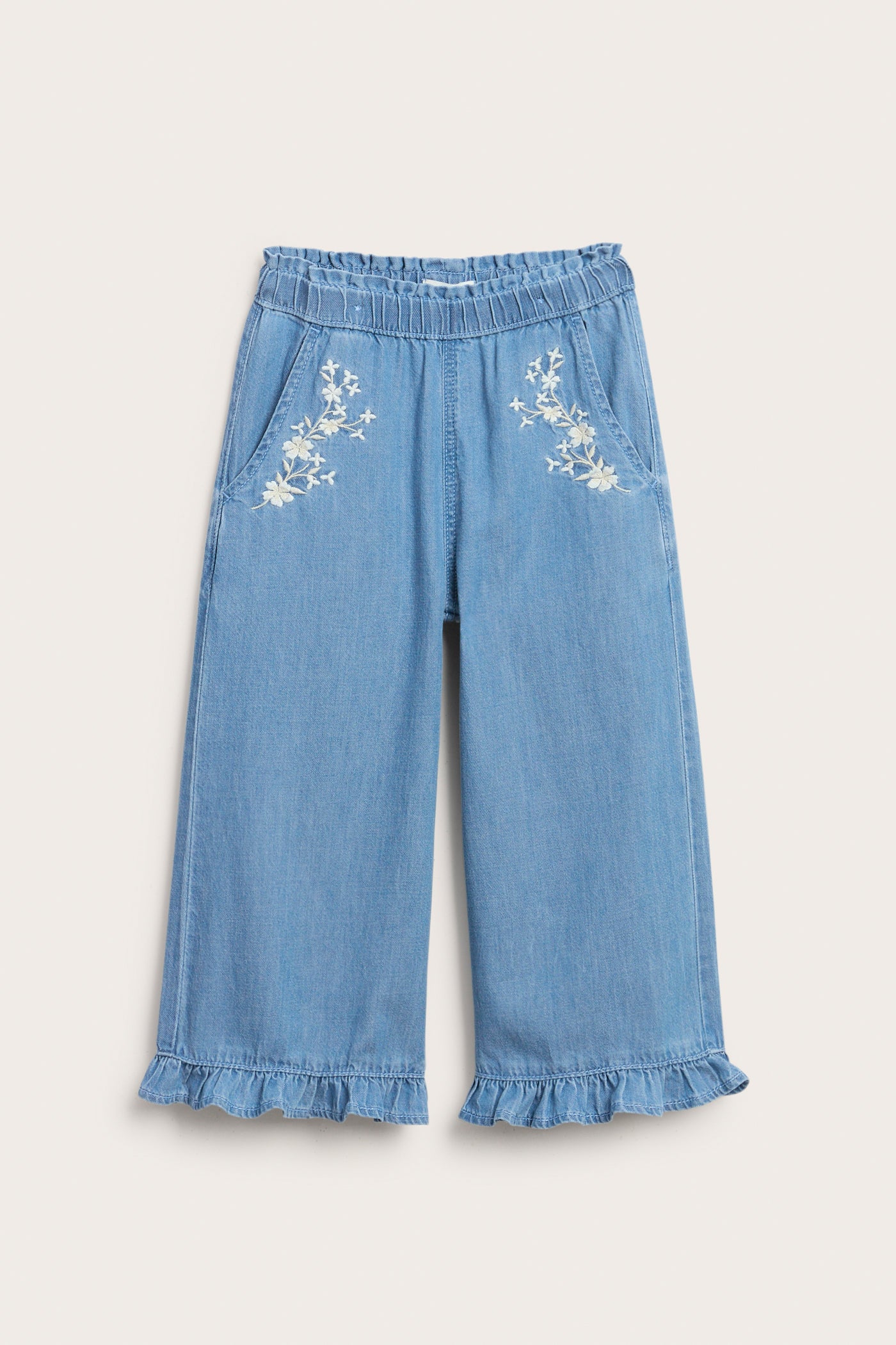 Kids blue denim trousers with floral embroidery