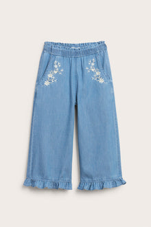 Kids blue denim trousers with floral embroidery
