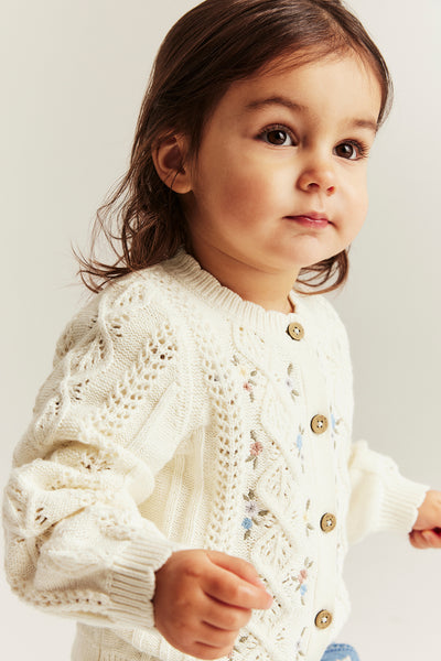 Baby white floral patterned knit cardigan