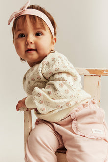 Baby white jacquard-knitted floral jumper