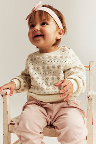 Baby white jacquard-knitted floral jumper