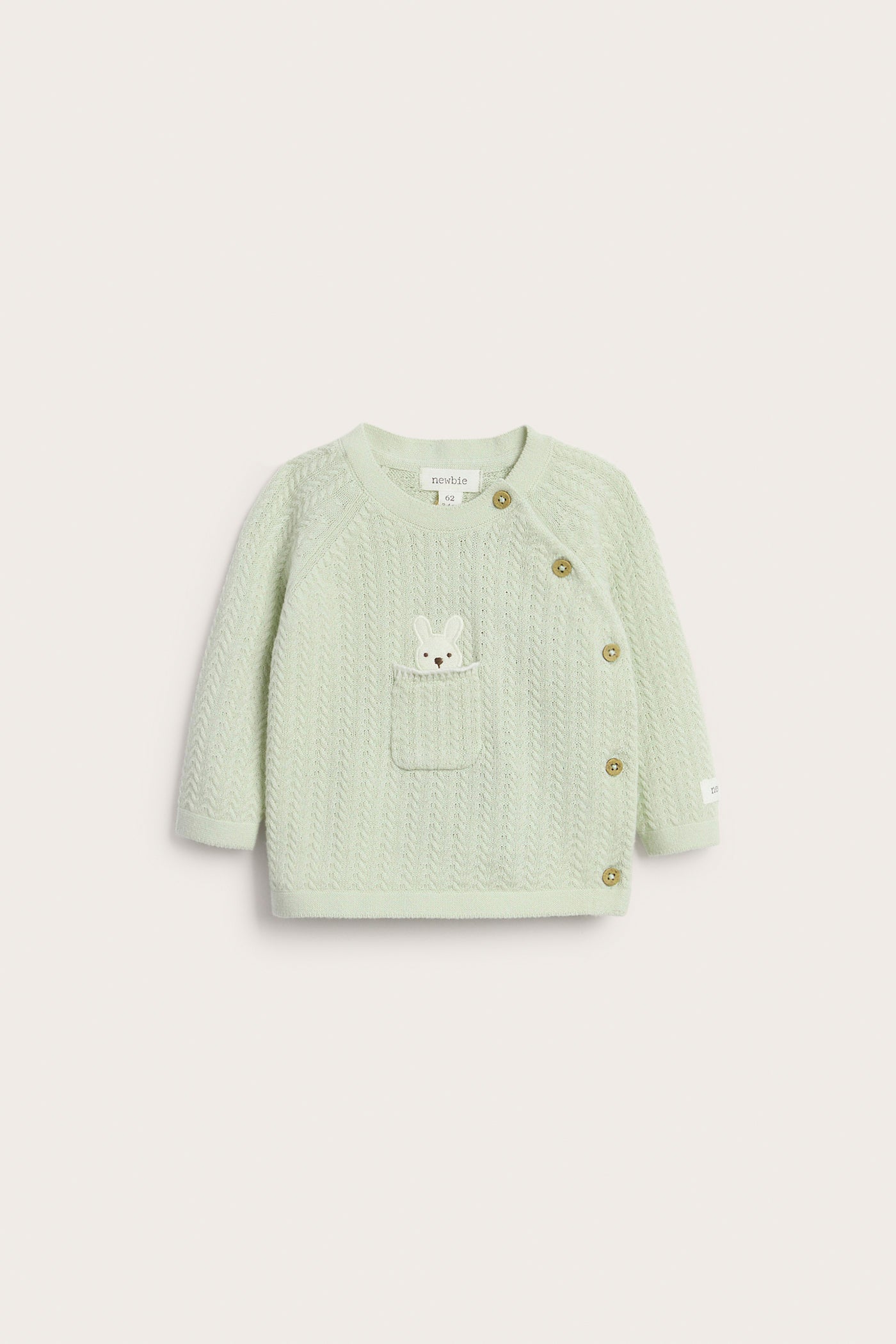 Baby green knitted cardigan with rabbit appliqué