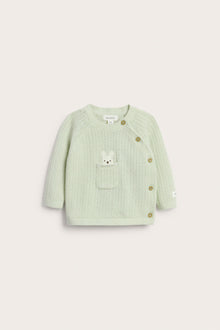 Baby green knitted cardigan with rabbit appliqué