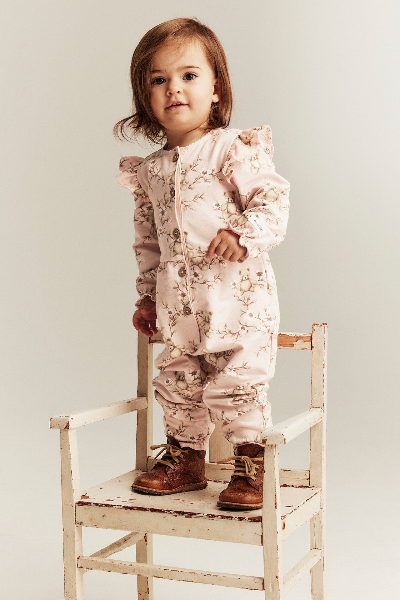 Baby pink floral frill teddy bear jumpsuit