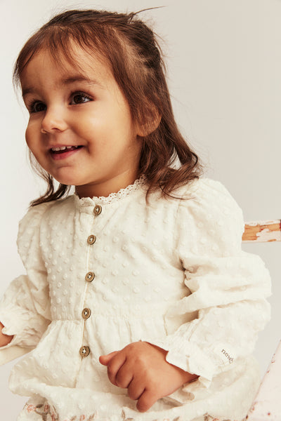 Baby white floral woven bodysuit with frills