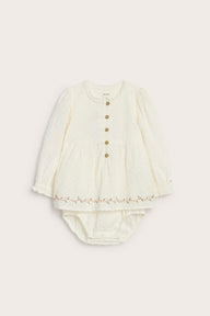 Baby white floral woven bodysuit with frills