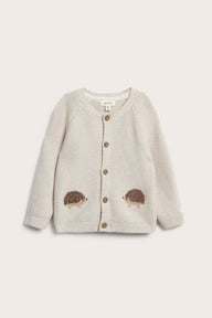 Baby beige knitted cardigan with hedgehog motif