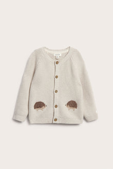 Baby beige knitted cardigan with hedgehog motif