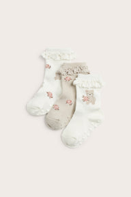 Baby white floral bear socks 3-pack