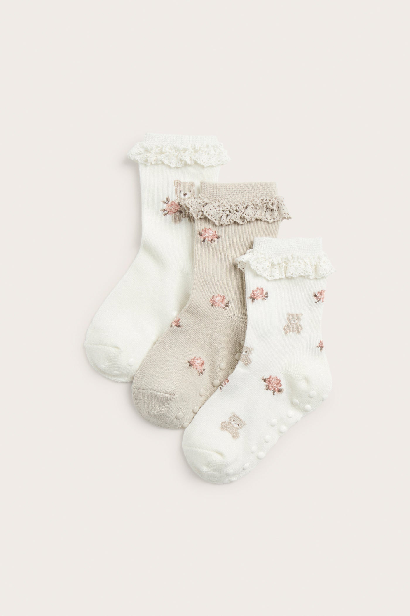 Kids' white floral bear socks 3-pack