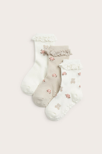 Kids' white floral bear socks 3-pack