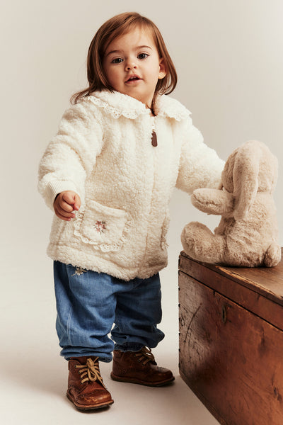 Baby white pile jacket with collar and lace