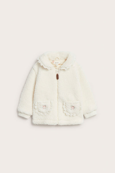 Baby white pile jacket with collar and lace