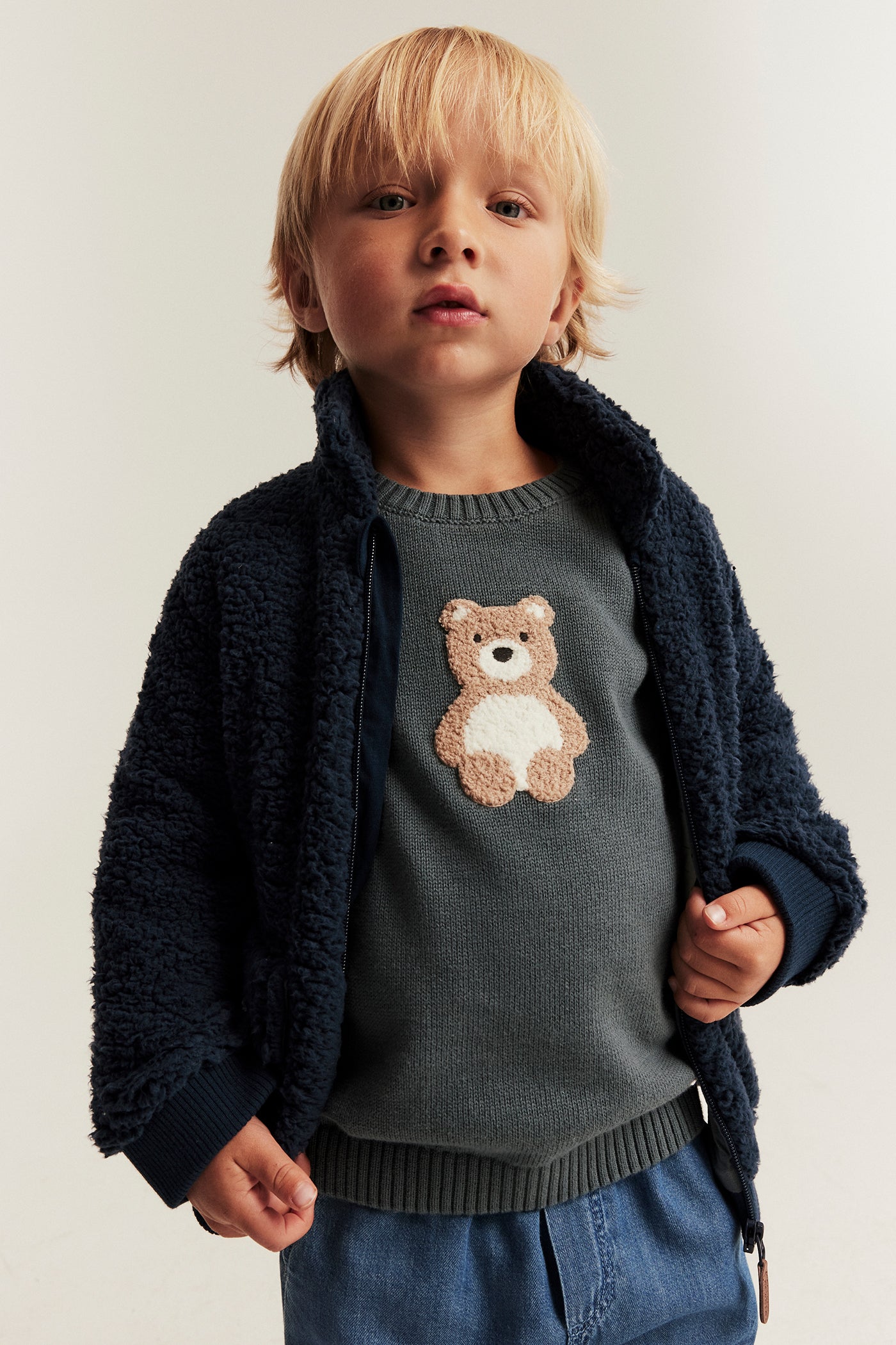 Kids blue pile jacket with bear embroidery