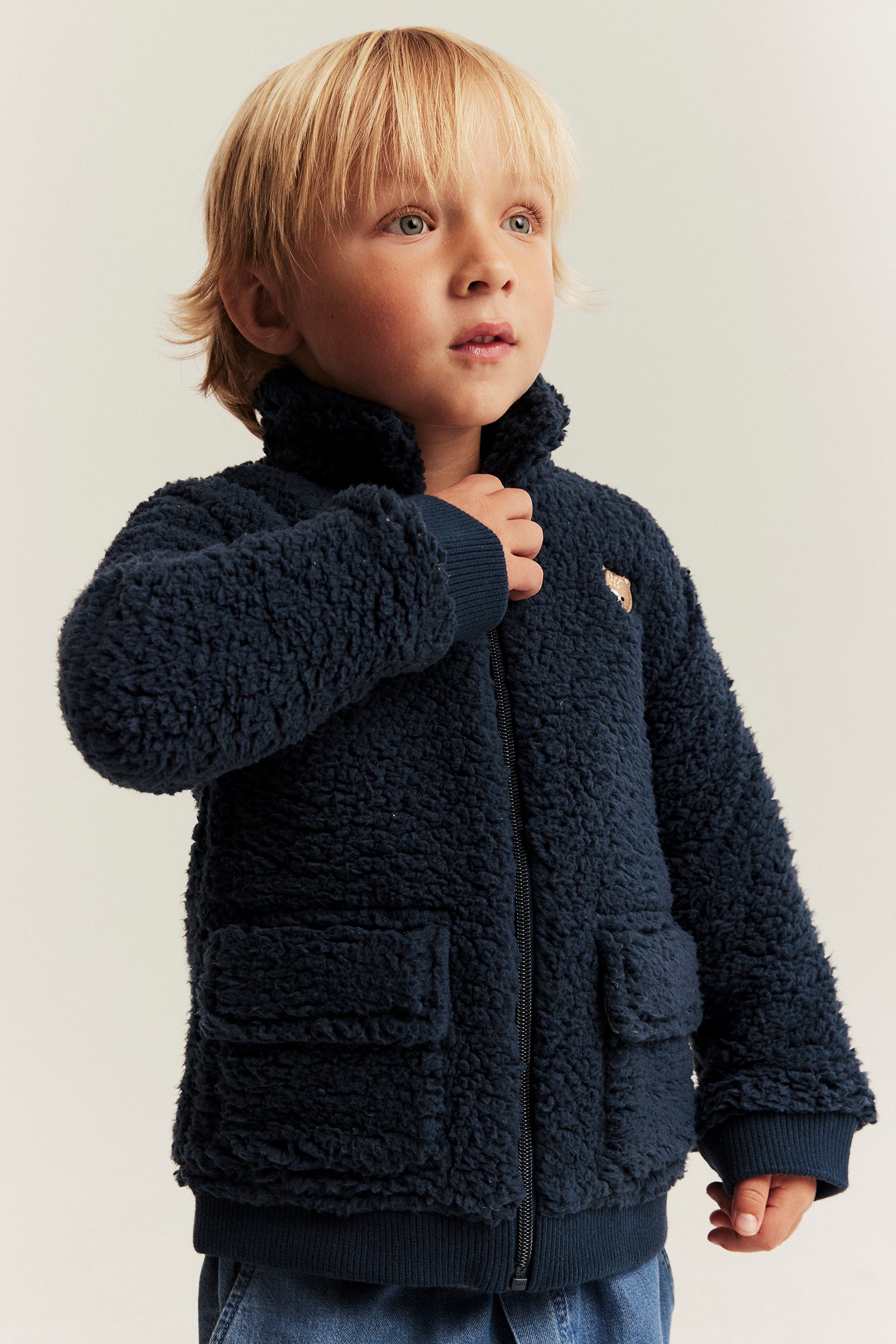 Kids blue pile jacket with bear embroidery