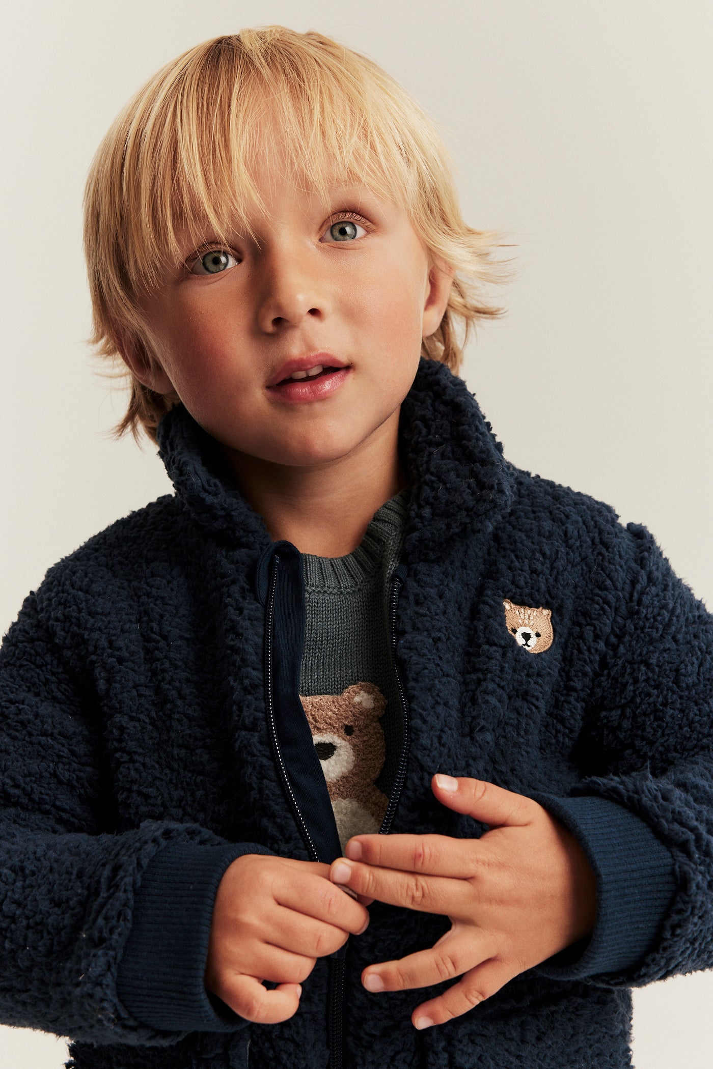 Kids blue pile jacket with bear embroidery