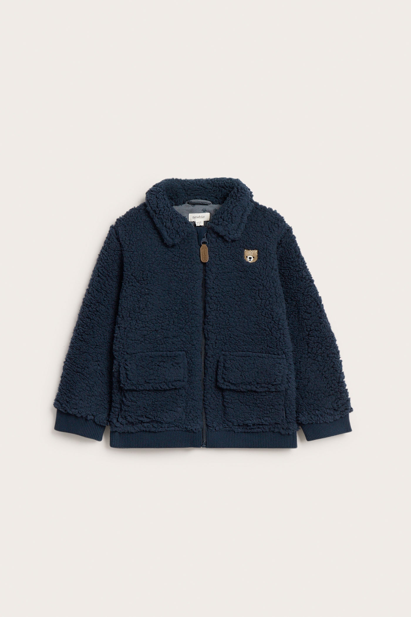 Kids blue pile jacket with bear embroidery