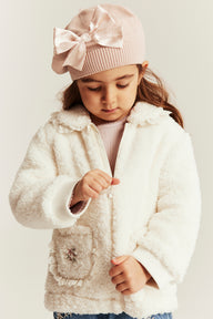 Kids white pile jacket with collar and lace