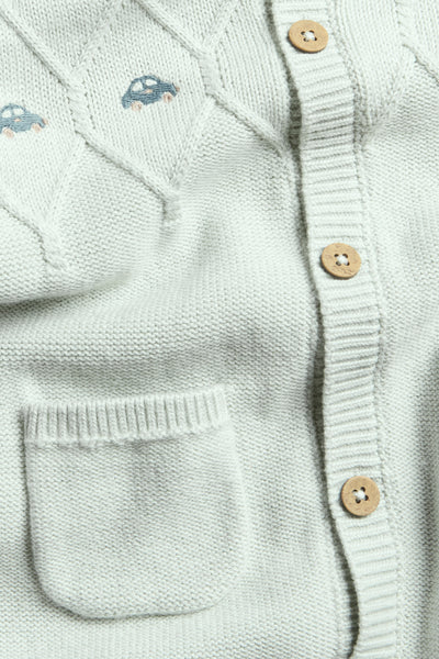 Baby green knitted jumpsuit with cars