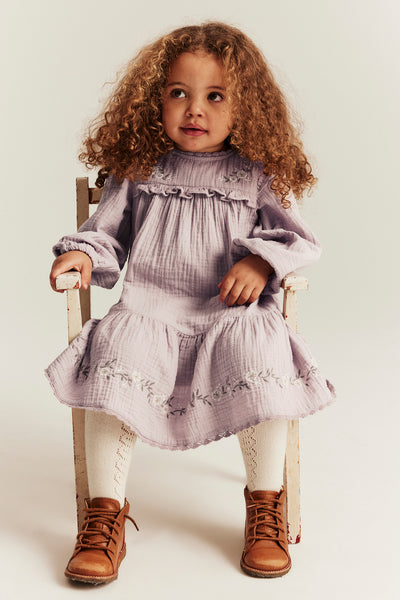Kids purple floral woven frill dress