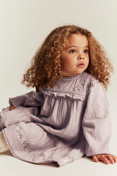 Kids purple floral woven frill dress