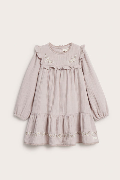 Kids purple floral woven frill dress