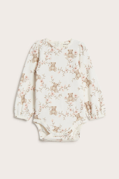 Baby beige floral bodysuit with teddy bears