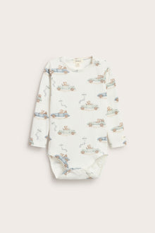 Baby white ribbed bodysuit with car motif