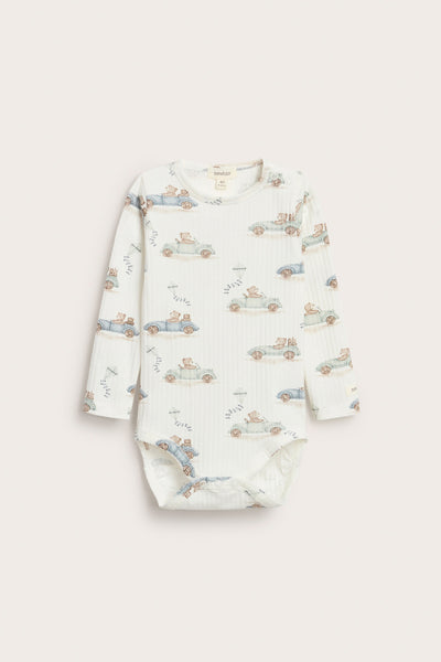 Baby white ribbed bodysuit with car motif