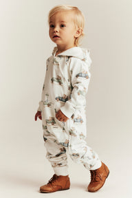 Baby white jumpsuit with car motif