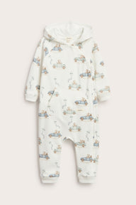 Baby white jumpsuit with car motif
