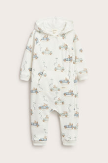 Baby white jumpsuit with car motif