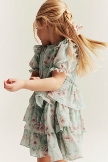Kids green floral chiffon dress