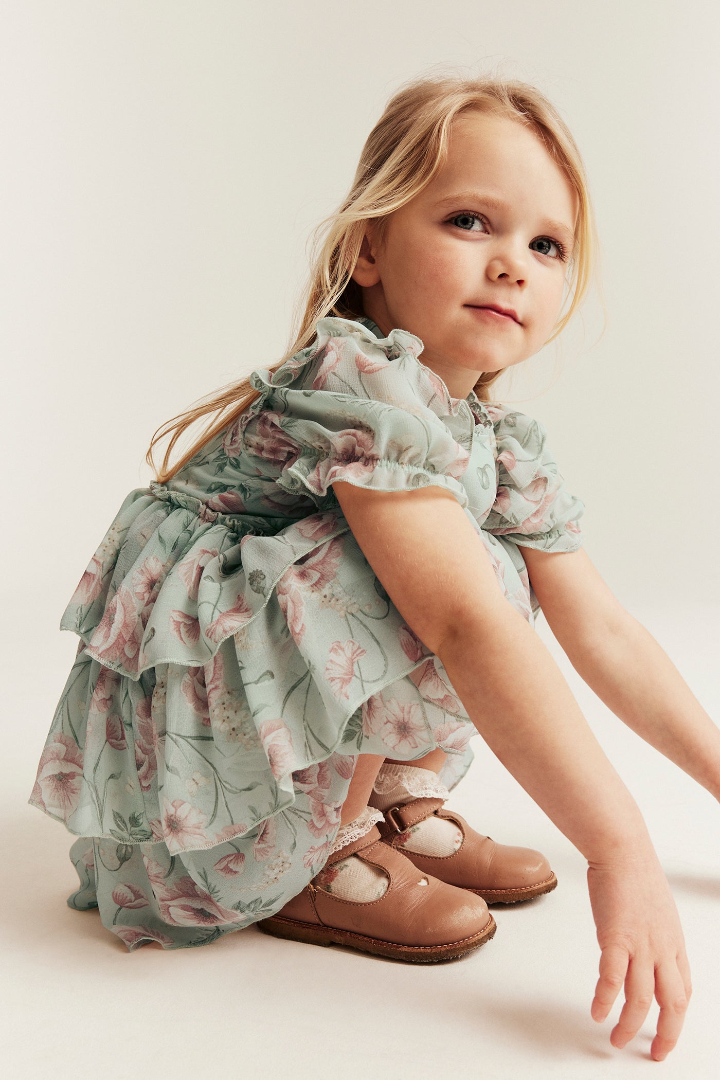 Kids green floral chiffon dress