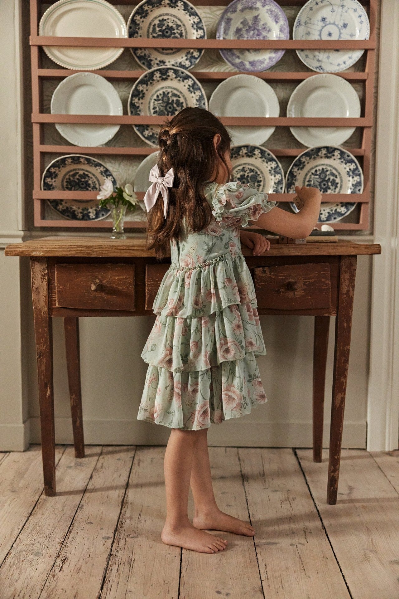 Kids green floral chiffon dress