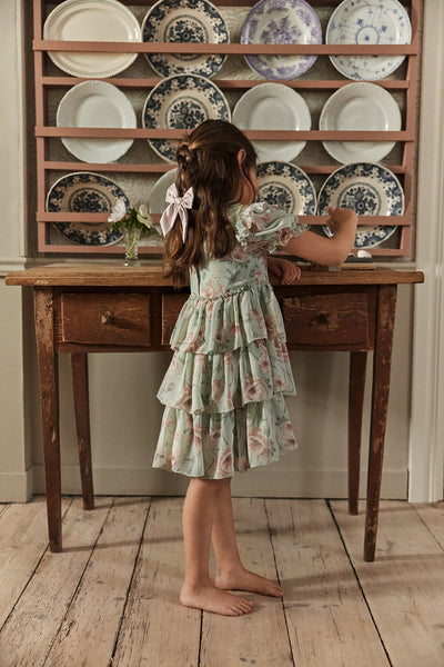 Kids green floral chiffon dress