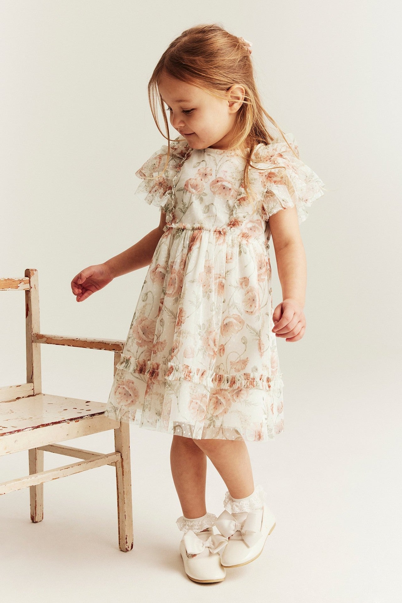 Kids white floral mesh dress