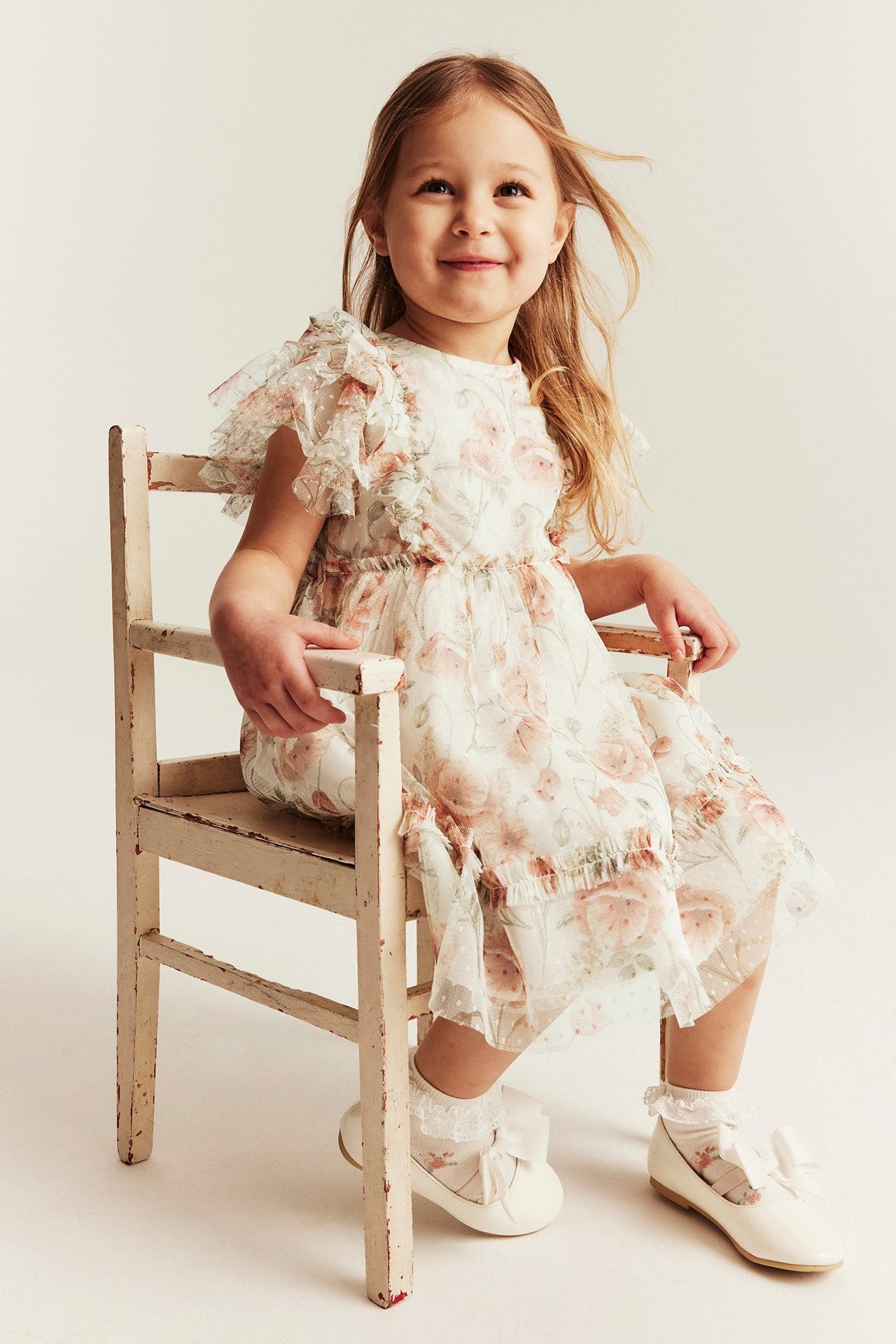 Kids white floral mesh dress