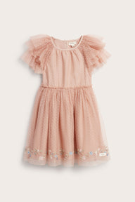 Kids pink mesh dress with ruffles
