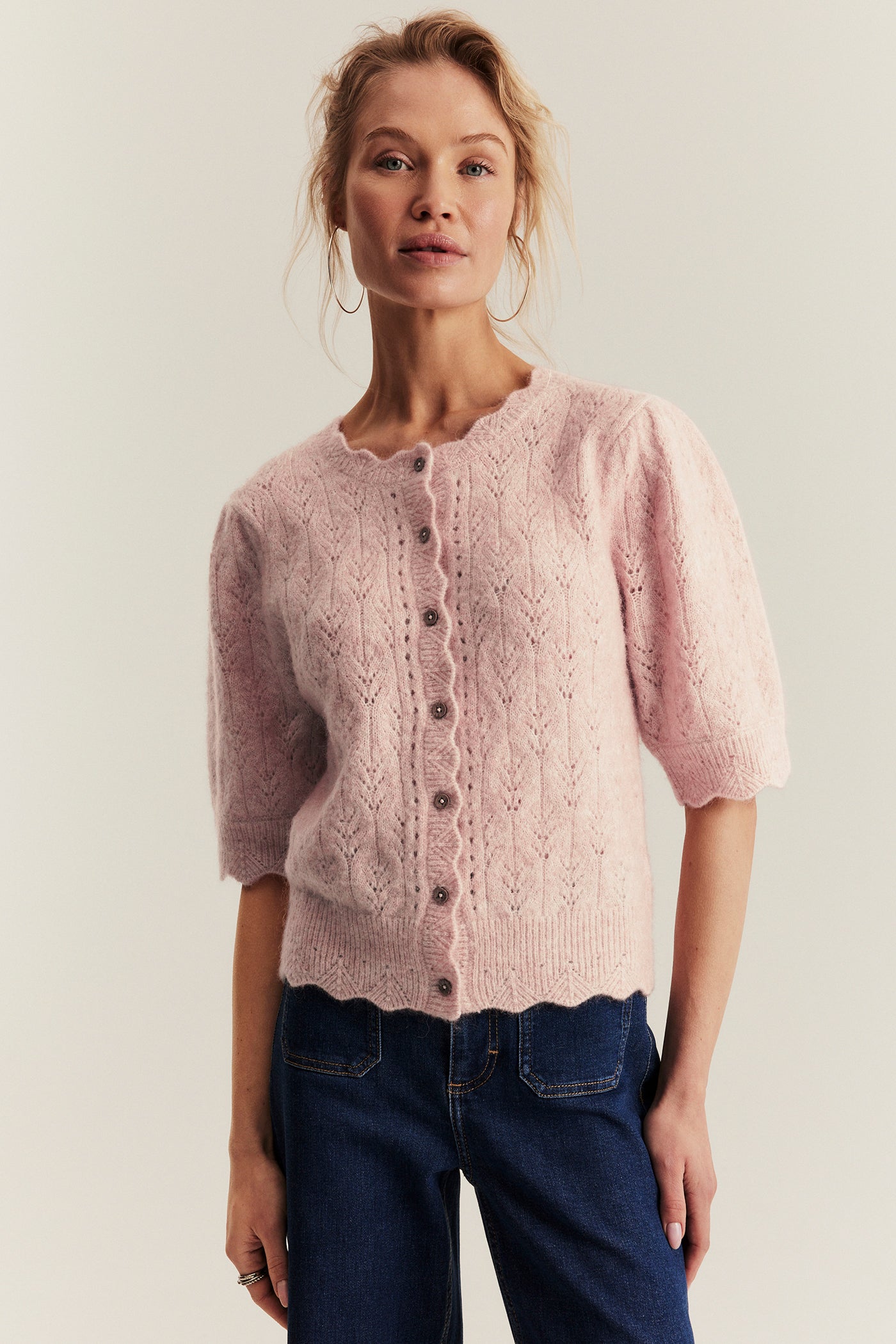 Women's pink wool blend short-sleeve cardigan