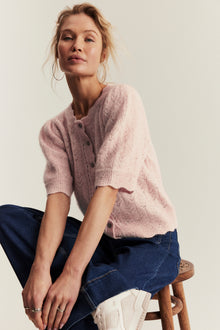 Women's pink wool blend short-sleeve cardigan