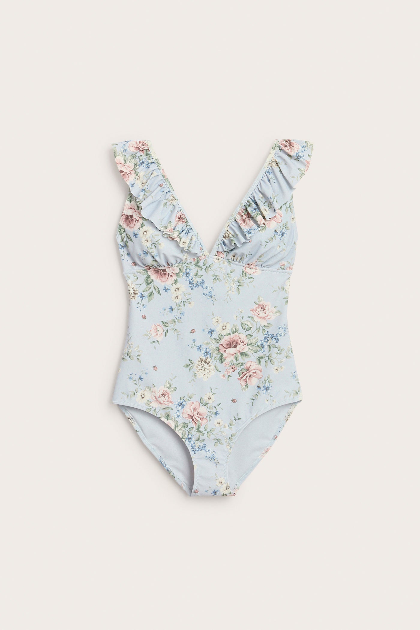 Women's blue floral swimsuit with frill detail