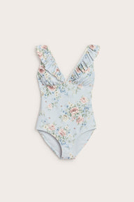 Women's blue floral swimsuit with frill detail