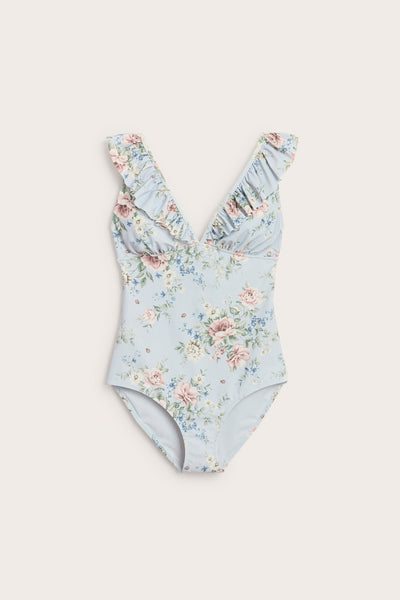 Women's blue floral swimsuit with frill detail