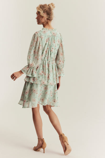 Women's green floral short chiffon dress