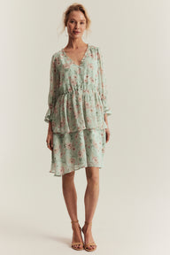 Women's green floral short chiffon dress