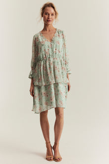 Women's green floral short chiffon dress