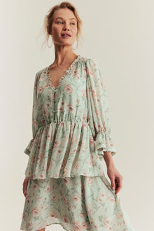 Women's green floral short chiffon dress