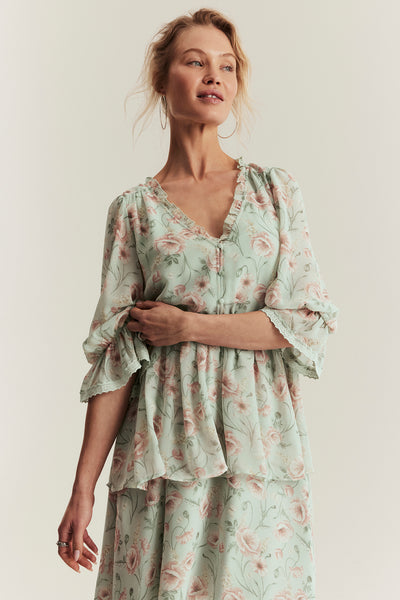 Women's green floral short chiffon dress