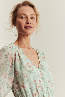 Women's green floral short chiffon dress